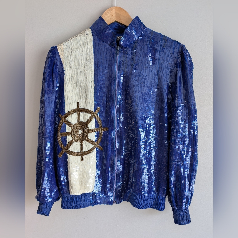 Vintage Jules of Margate Nautical Sequins Bomber Jacket, Blue & White, Size XS